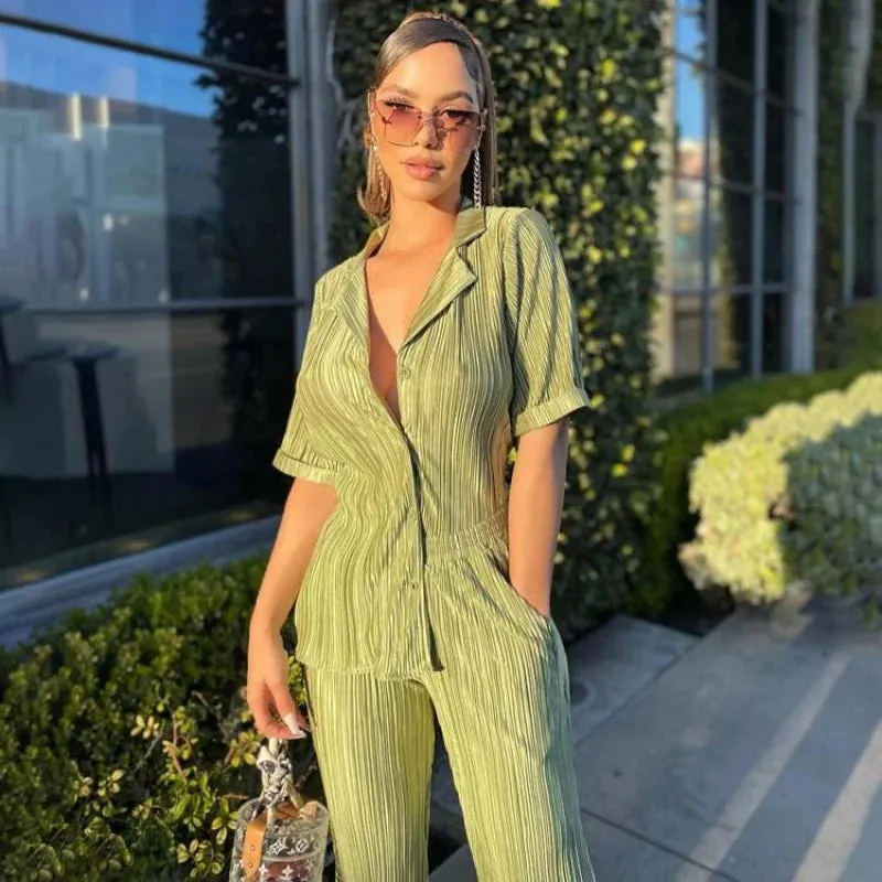 insSummer French Style Commuter Green Short Sleeve Shirt Elegant Pleated High Waist Wide Leg Pants SuitWlj