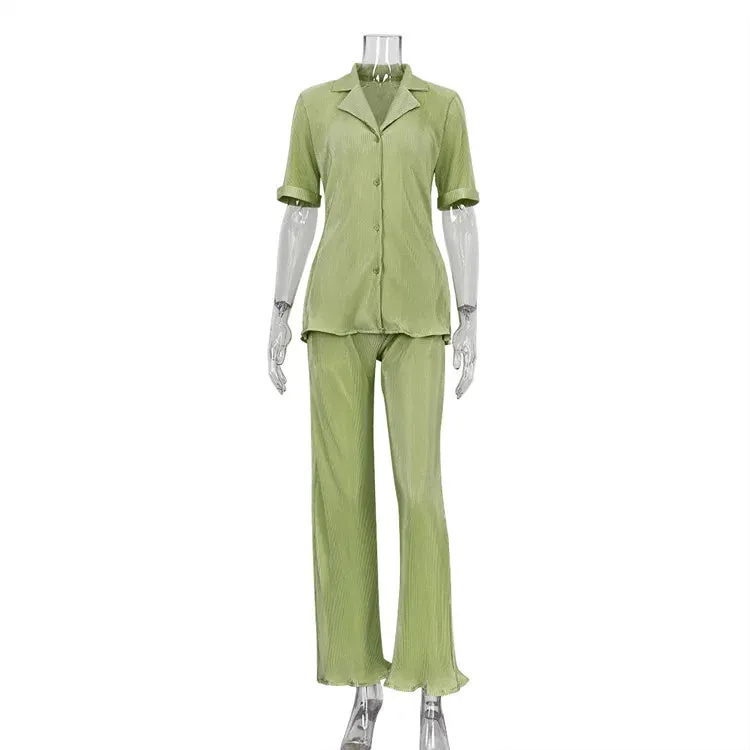 insSummer French Style Commuter Green Short Sleeve Shirt Elegant Pleated High Waist Wide Leg Pants SuitWlj