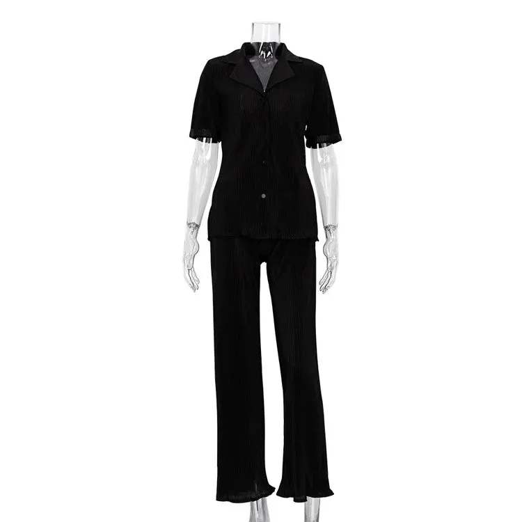 insSummer French Style Commuter Green Short Sleeve Shirt Elegant Pleated High Waist Wide Leg Pants SuitWlj