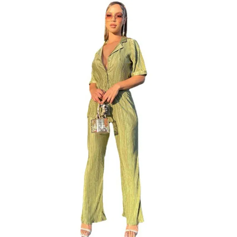 insSummer French Style Commuter Green Short Sleeve Shirt Elegant Pleated High Waist Wide Leg Pants SuitWlj