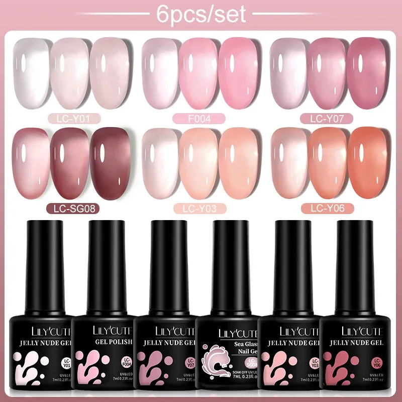 LILYCUTE 6PCs/SET Jelly Sea Glass Nail Gel Polish Set 7ML Sea Blue Jelly Gel Polish Semi-Transparent Soak Off UV LED Nail Gel
