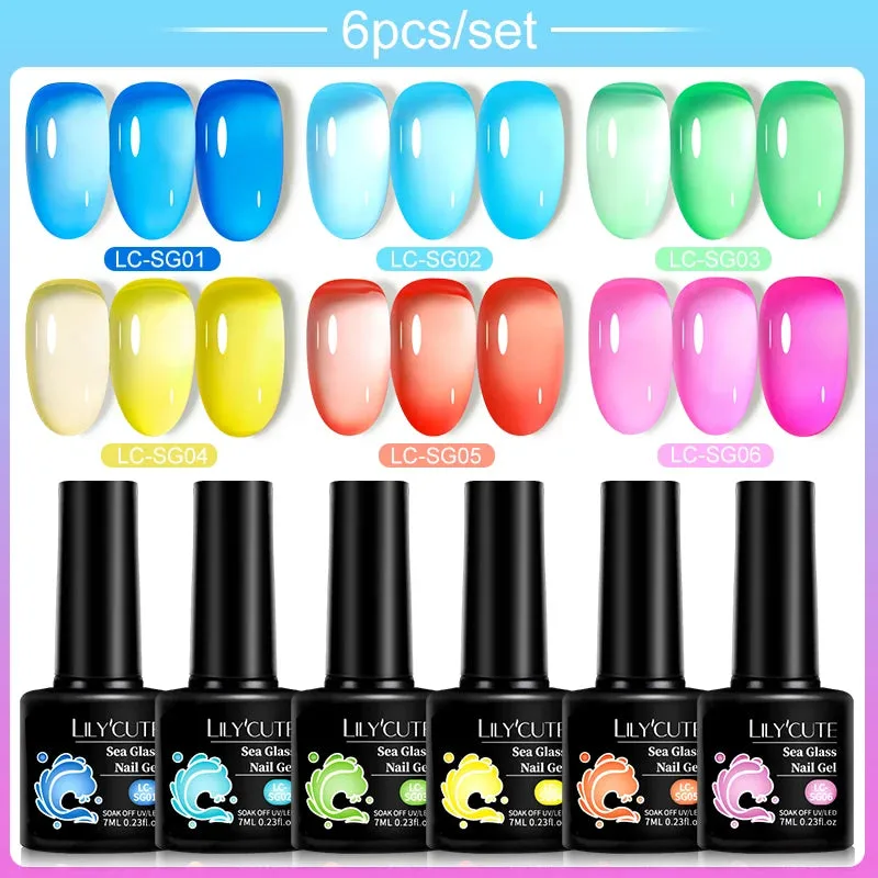 LILYCUTE 6PCs/SET Jelly Sea Glass Nail Gel Polish Set 7ML Sea Blue Jelly Gel Polish Semi-Transparent Soak Off UV LED Nail Gel