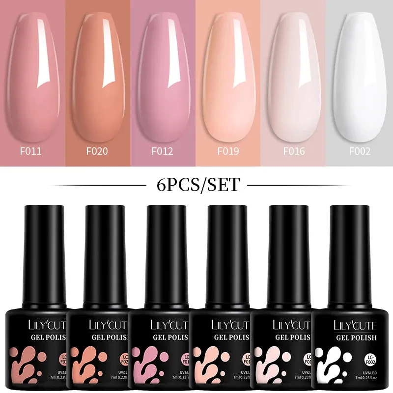 LILYCUTE 6PCs/SET Jelly Sea Glass Nail Gel Polish Set 7ML Sea Blue Jelly Gel Polish Semi-Transparent Soak Off UV LED Nail Gel