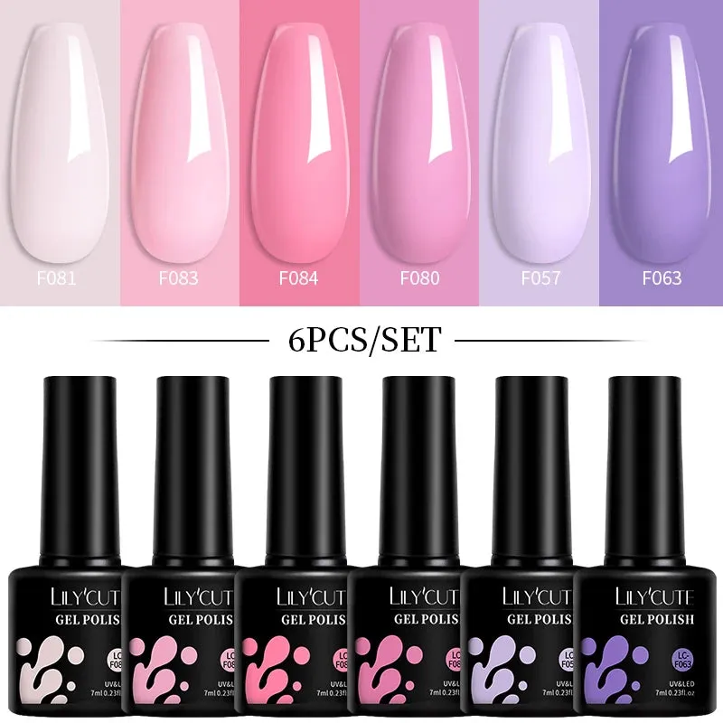 LILYCUTE 6PCs/SET Jelly Sea Glass Nail Gel Polish Set 7ML Sea Blue Jelly Gel Polish Semi-Transparent Soak Off UV LED Nail Gel