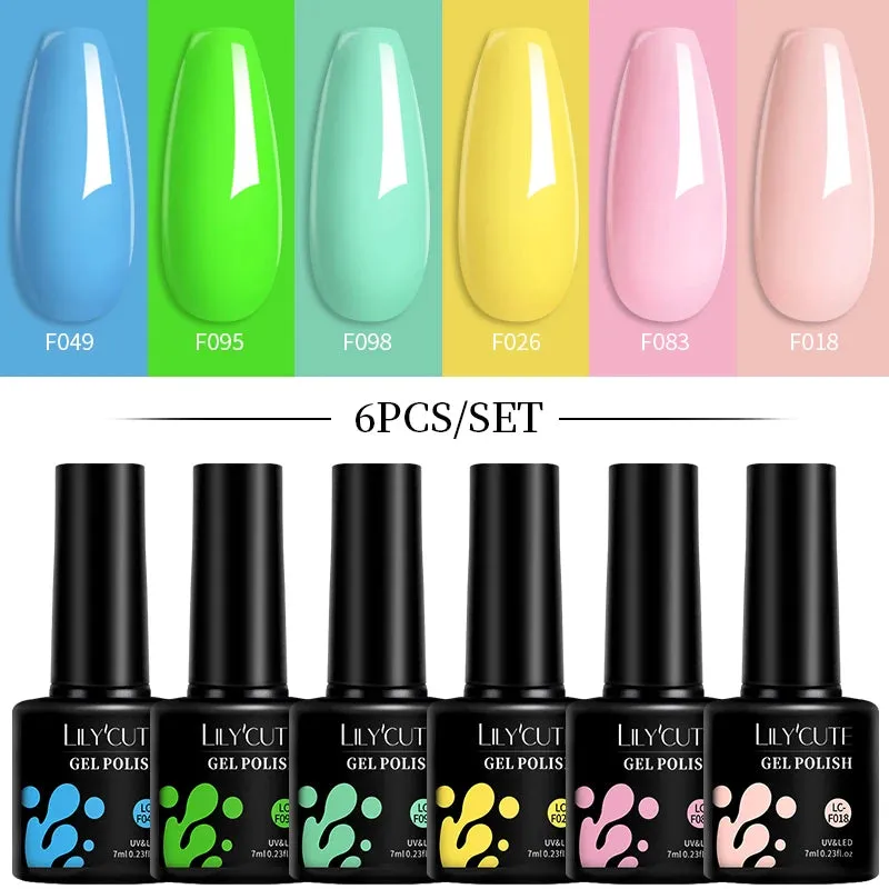 LILYCUTE 6PCs/SET Jelly Sea Glass Nail Gel Polish Set 7ML Sea Blue Jelly Gel Polish Semi-Transparent Soak Off UV LED Nail Gel