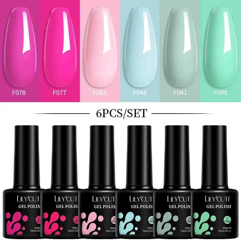 LILYCUTE 6PCs/SET Jelly Sea Glass Nail Gel Polish Set 7ML Sea Blue Jelly Gel Polish Semi-Transparent Soak Off UV LED Nail Gel