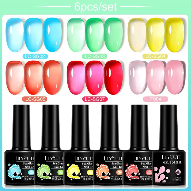 LILYCUTE 6PCs/SET Jelly Sea Glass Nail Gel Polish Set 7ML Sea Blue Jelly Gel Polish Semi-Transparent Soak Off UV LED Nail Gel