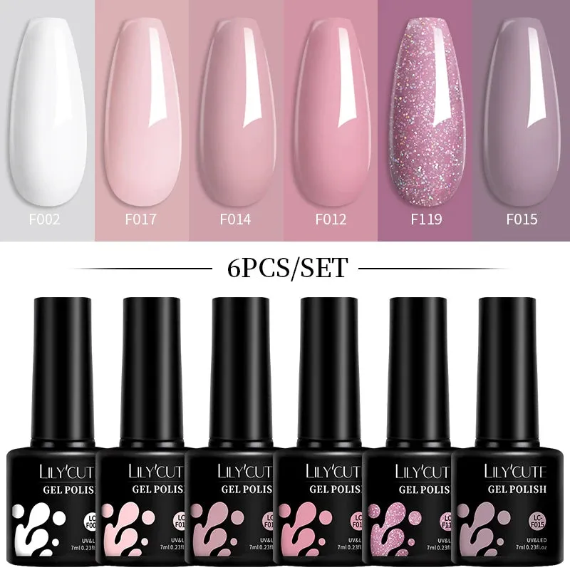 LILYCUTE 6PCs/SET Jelly Sea Glass Nail Gel Polish Set 7ML Sea Blue Jelly Gel Polish Semi-Transparent Soak Off UV LED Nail Gel