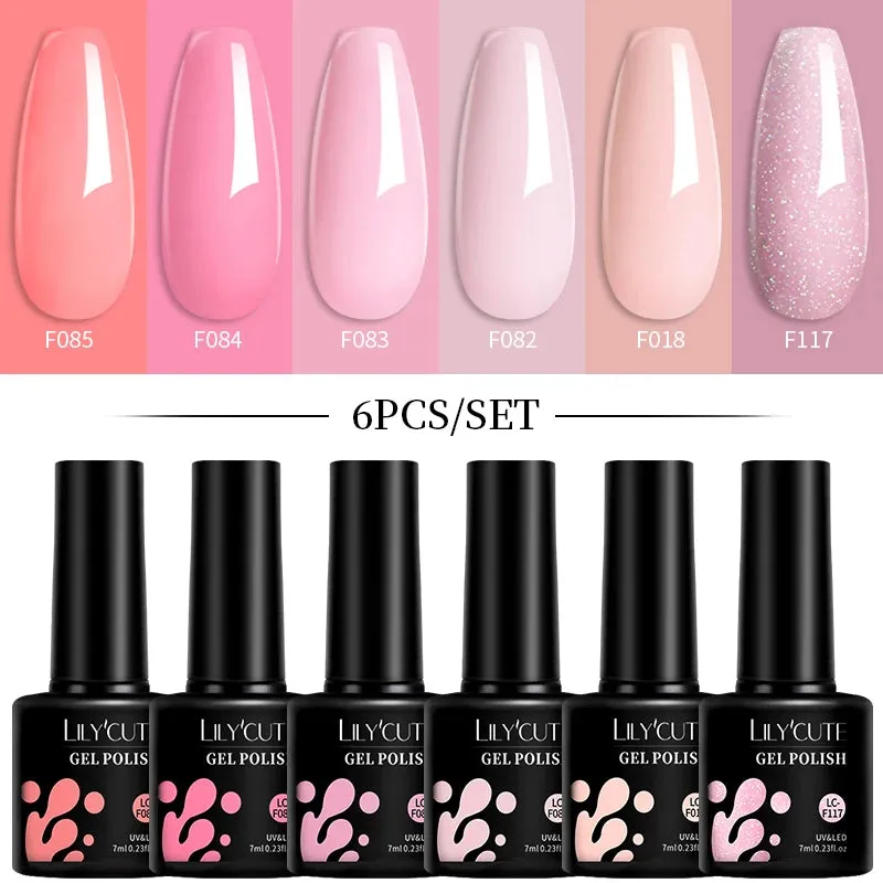 LILYCUTE 6PCs/SET Jelly Sea Glass Nail Gel Polish Set 7ML Sea Blue Jelly Gel Polish Semi-Transparent Soak Off UV LED Nail Gel