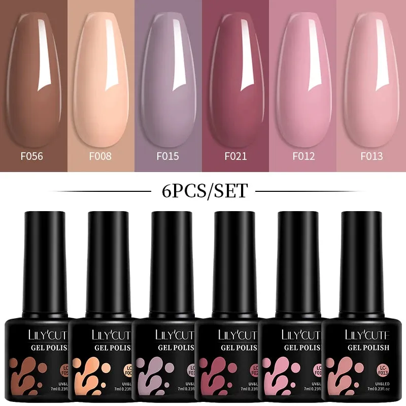 LILYCUTE 6PCs/SET Jelly Sea Glass Nail Gel Polish Set 7ML Sea Blue Jelly Gel Polish Semi-Transparent Soak Off UV LED Nail Gel