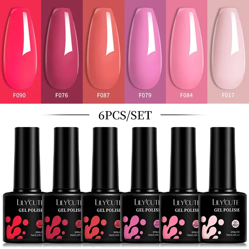LILYCUTE 6PCs/SET Jelly Sea Glass Nail Gel Polish Set 7ML Sea Blue Jelly Gel Polish Semi-Transparent Soak Off UV LED Nail Gel