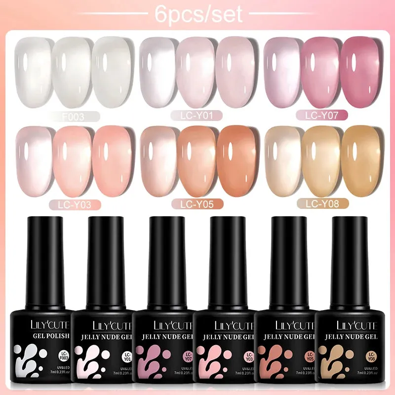 LILYCUTE 6PCs/SET Jelly Sea Glass Nail Gel Polish Set 7ML Sea Blue Jelly Gel Polish Semi-Transparent Soak Off UV LED Nail Gel