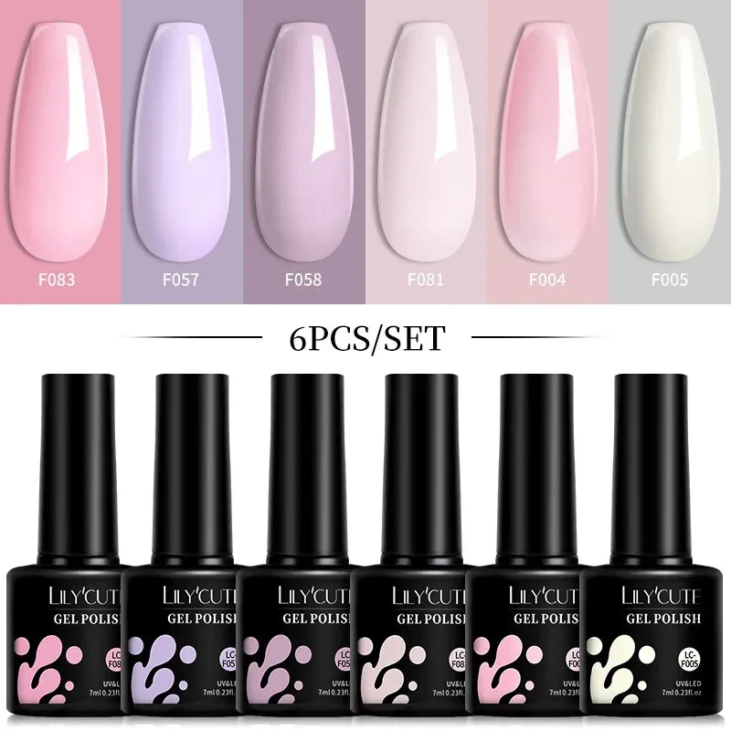LILYCUTE 6PCs/SET Jelly Sea Glass Nail Gel Polish Set 7ML Sea Blue Jelly Gel Polish Semi-Transparent Soak Off UV LED Nail Gel