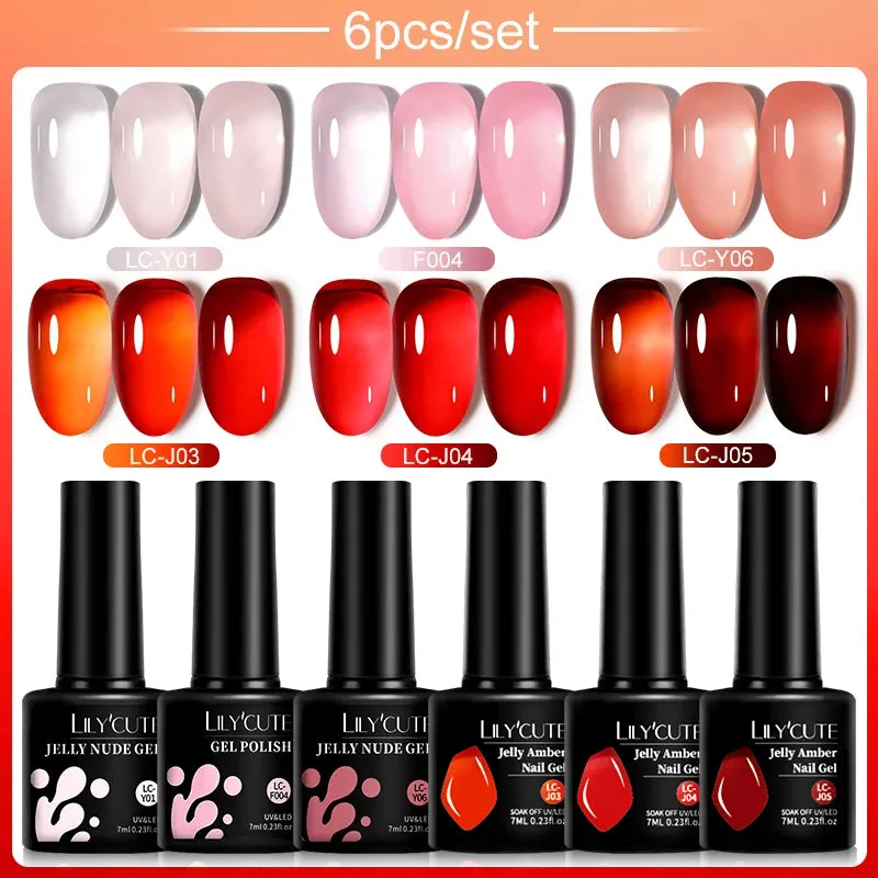 LILYCUTE 6PCs/SET Jelly Sea Glass Nail Gel Polish Set 7ML Sea Blue Jelly Gel Polish Semi-Transparent Soak Off UV LED Nail Gel