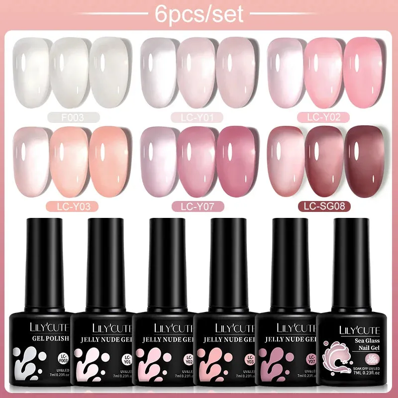 LILYCUTE 6PCs/SET Jelly Sea Glass Nail Gel Polish Set 7ML Sea Blue Jelly Gel Polish Semi-Transparent Soak Off UV LED Nail Gel