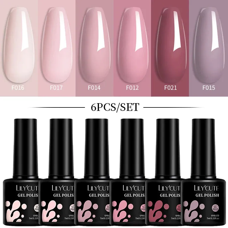 LILYCUTE 6PCs/SET Jelly Sea Glass Nail Gel Polish Set 7ML Sea Blue Jelly Gel Polish Semi-Transparent Soak Off UV LED Nail Gel