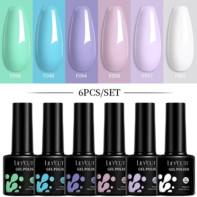 LILYCUTE 6PCs/SET Jelly Sea Glass Nail Gel Polish Set 7ML Sea Blue Jelly Gel Polish Semi-Transparent Soak Off UV LED Nail Gel