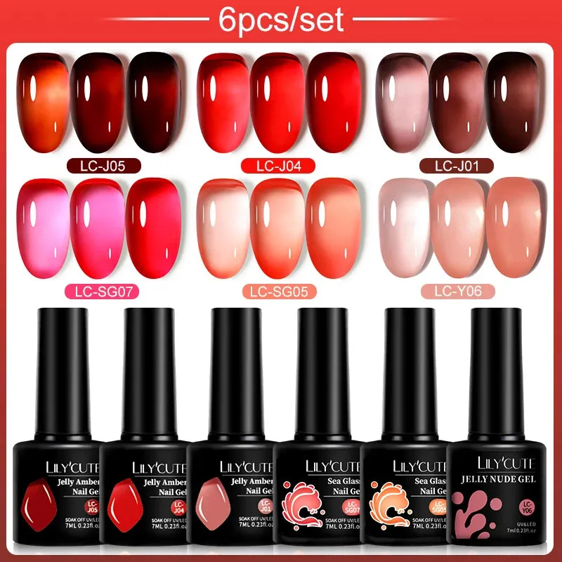 LILYCUTE 6PCs/SET Jelly Sea Glass Nail Gel Polish Set 7ML Sea Blue Jelly Gel Polish Semi-Transparent Soak Off UV LED Nail Gel