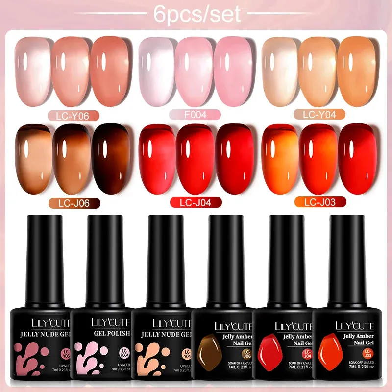 LILYCUTE 6PCs/SET Jelly Sea Glass Nail Gel Polish Set 7ML Sea Blue Jelly Gel Polish Semi-Transparent Soak Off UV LED Nail Gel