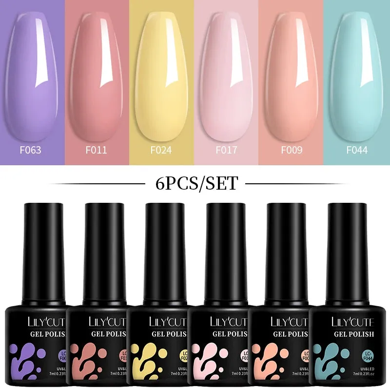 LILYCUTE 6PCs/SET Jelly Sea Glass Nail Gel Polish Set 7ML Sea Blue Jelly Gel Polish Semi-Transparent Soak Off UV LED Nail Gel