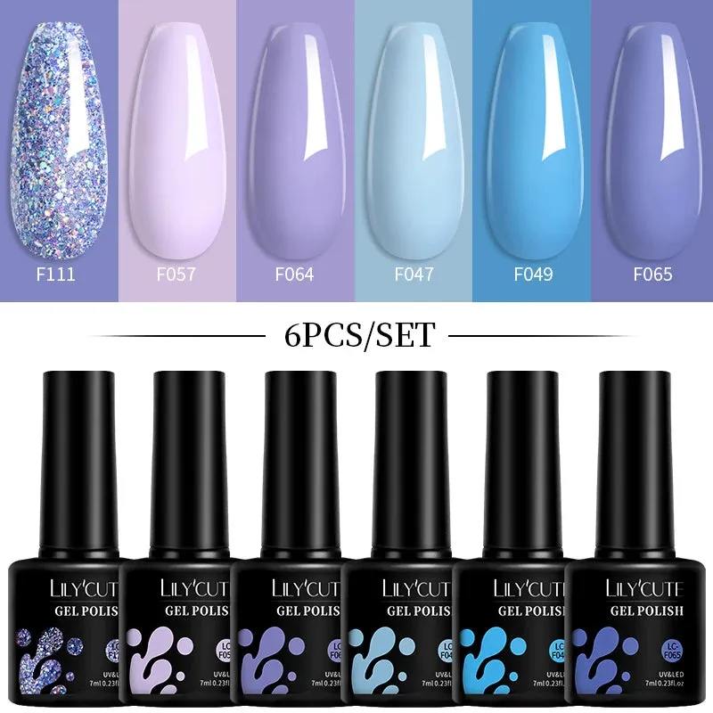 LILYCUTE 6PCs/SET Jelly Sea Glass Nail Gel Polish Set 7ML Sea Blue Jelly Gel Polish Semi-Transparent Soak Off UV LED Nail Gel