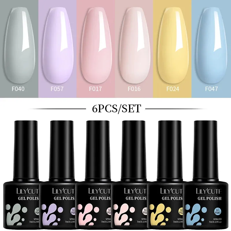 LILYCUTE 6PCs/SET Jelly Sea Glass Nail Gel Polish Set 7ML Sea Blue Jelly Gel Polish Semi-Transparent Soak Off UV LED Nail Gel