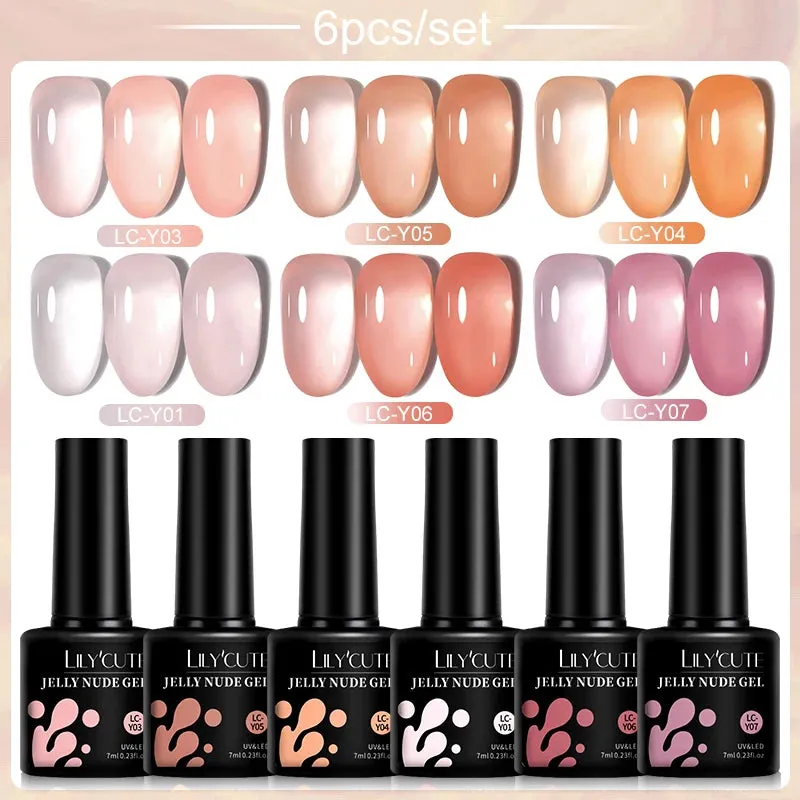 LILYCUTE 6PCs/SET Jelly Sea Glass Nail Gel Polish Set 7ML Sea Blue Jelly Gel Polish Semi-Transparent Soak Off UV LED Nail Gel
