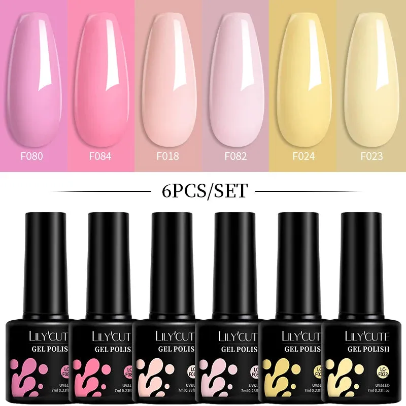 LILYCUTE 6PCs/SET Jelly Sea Glass Nail Gel Polish Set 7ML Sea Blue Jelly Gel Polish Semi-Transparent Soak Off UV LED Nail Gel