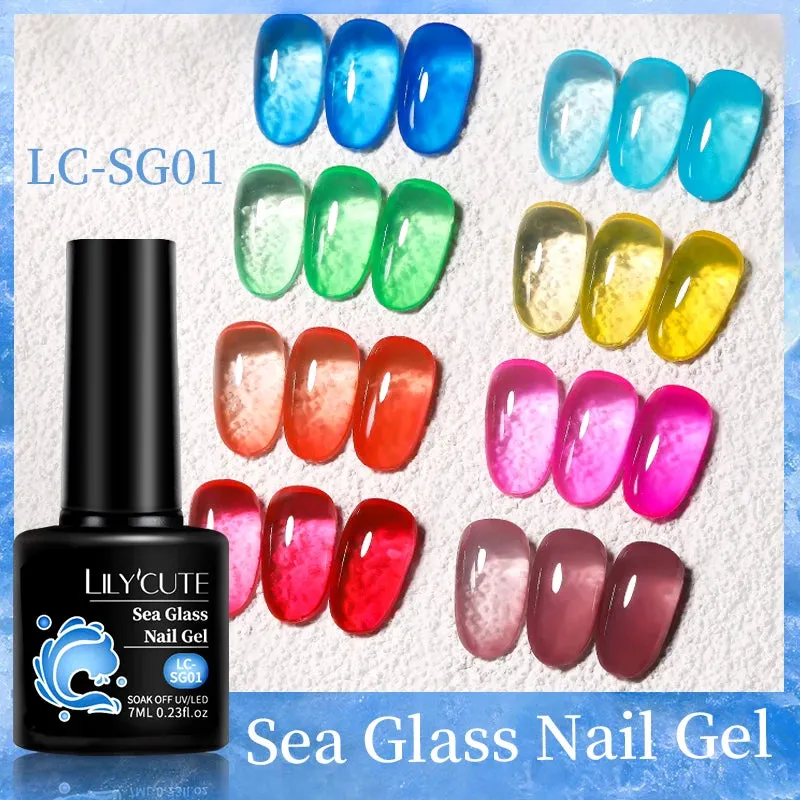LILYCUTE 6PCs/SET Jelly Sea Glass Nail Gel Polish Set 7ML Sea Blue Jelly Gel Polish Semi-Transparent Soak Off UV LED Nail Gel