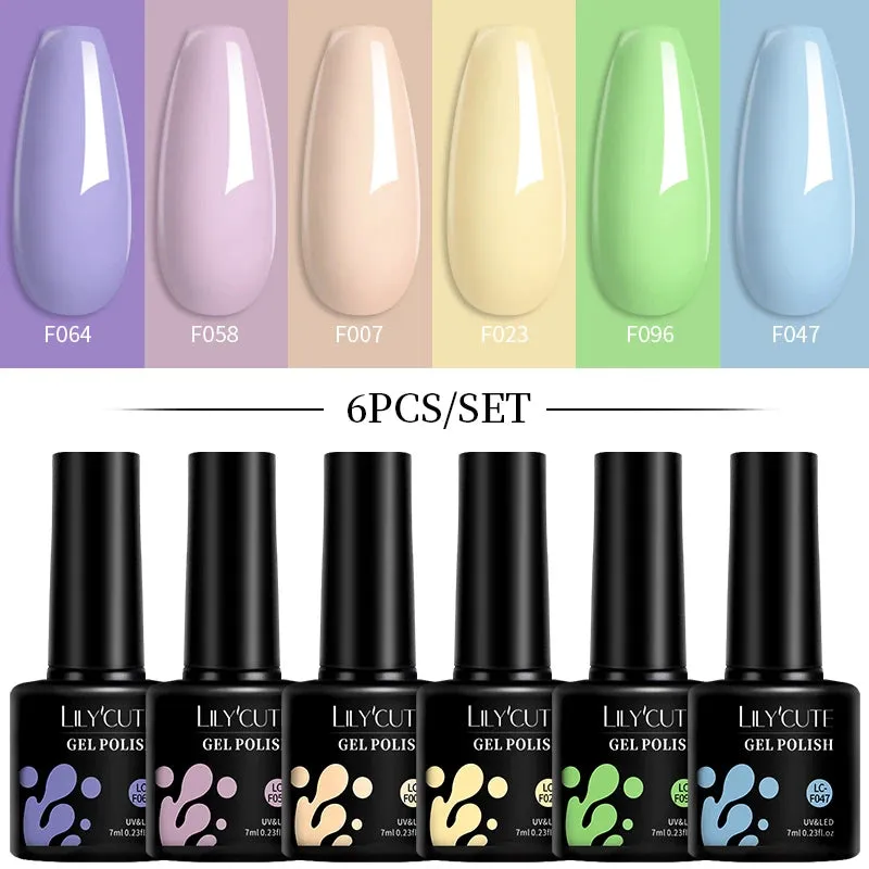 LILYCUTE 6PCs/SET Jelly Sea Glass Nail Gel Polish Set 7ML Sea Blue Jelly Gel Polish Semi-Transparent Soak Off UV LED Nail Gel