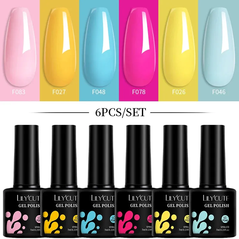 LILYCUTE 6PCs/SET Jelly Sea Glass Nail Gel Polish Set 7ML Sea Blue Jelly Gel Polish Semi-Transparent Soak Off UV LED Nail Gel