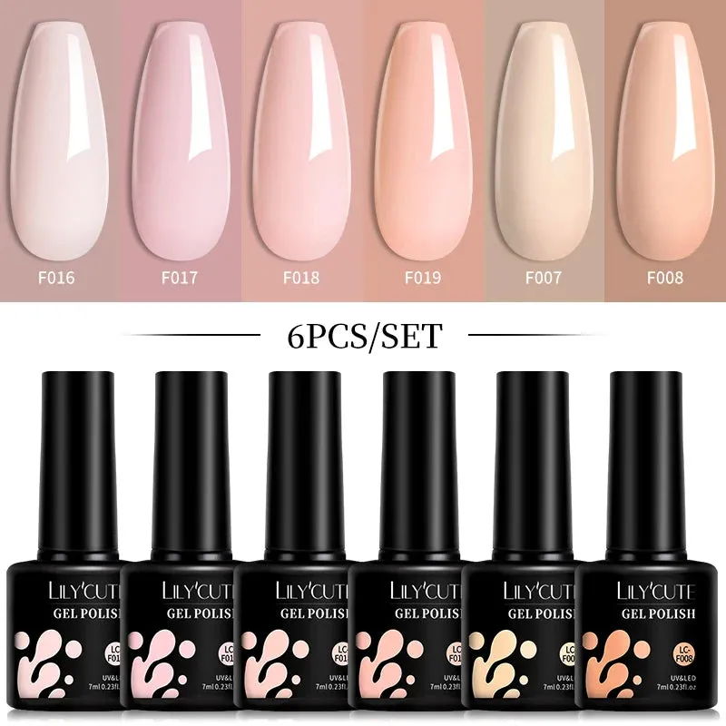 LILYCUTE 6PCs/SET Jelly Sea Glass Nail Gel Polish Set 7ML Sea Blue Jelly Gel Polish Semi-Transparent Soak Off UV LED Nail Gel