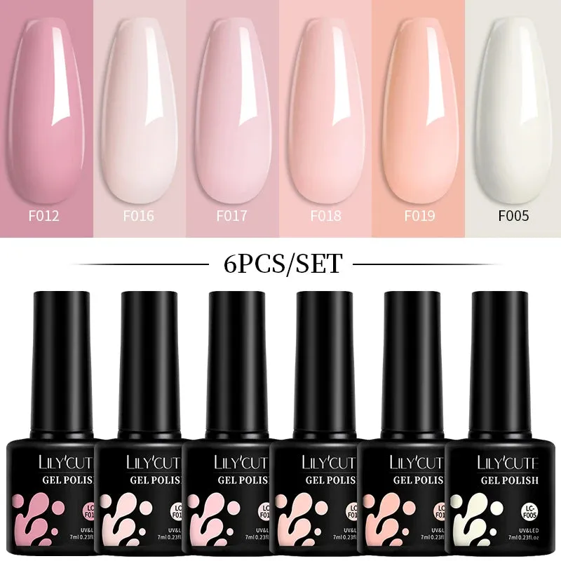 LILYCUTE 6PCs/SET Jelly Sea Glass Nail Gel Polish Set 7ML Sea Blue Jelly Gel Polish Semi-Transparent Soak Off UV LED Nail Gel