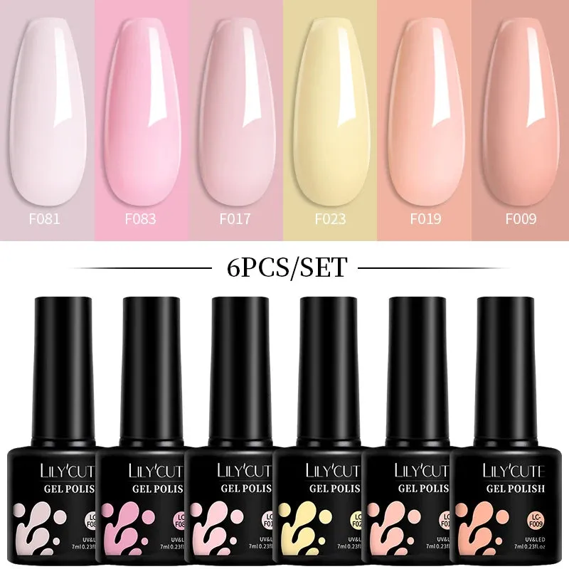 LILYCUTE 6PCs/SET Jelly Sea Glass Nail Gel Polish Set 7ML Sea Blue Jelly Gel Polish Semi-Transparent Soak Off UV LED Nail Gel