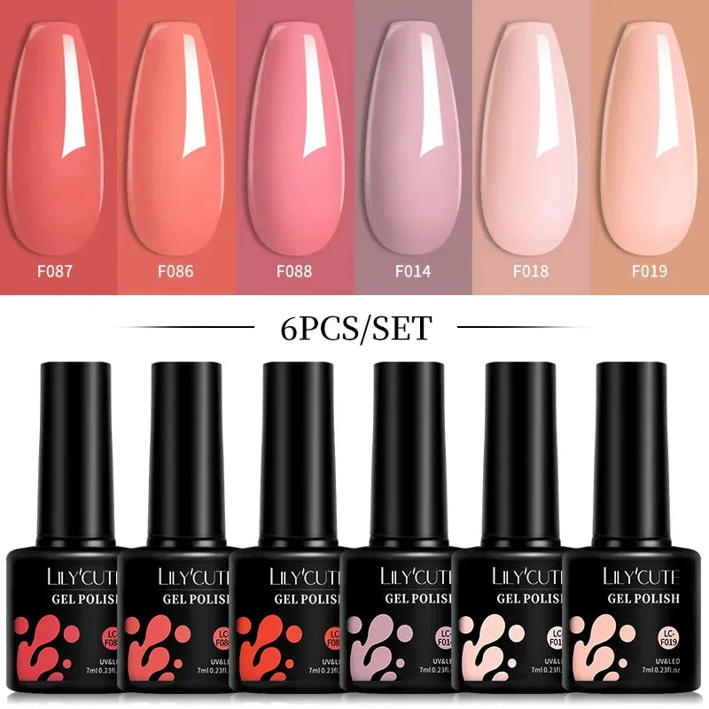 LILYCUTE 6PCs/SET Jelly Sea Glass Nail Gel Polish Set 7ML Sea Blue Jelly Gel Polish Semi-Transparent Soak Off UV LED Nail Gel