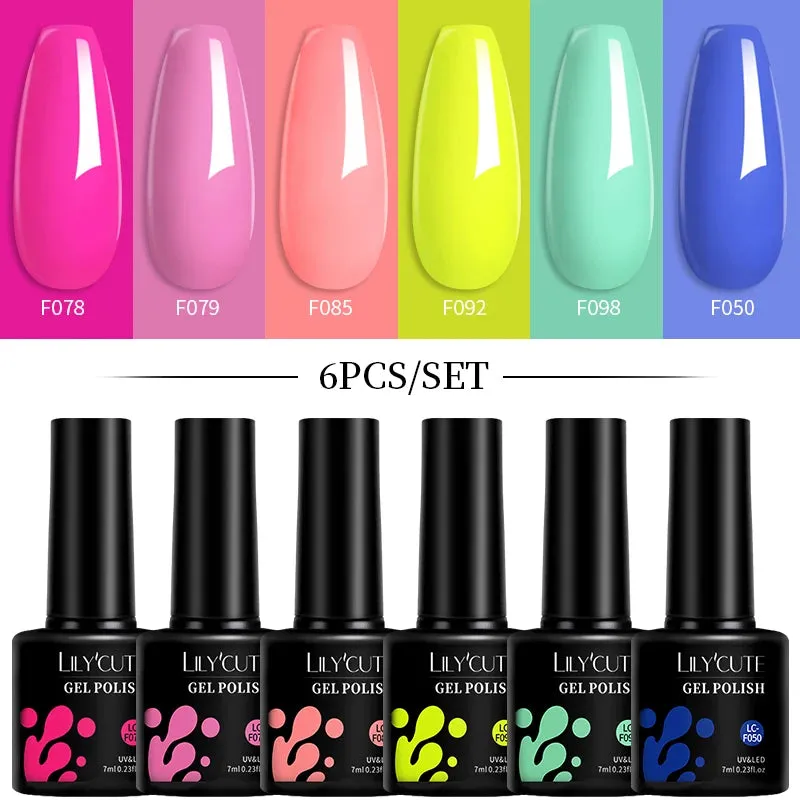LILYCUTE 6PCs/SET Jelly Sea Glass Nail Gel Polish Set 7ML Sea Blue Jelly Gel Polish Semi-Transparent Soak Off UV LED Nail Gel