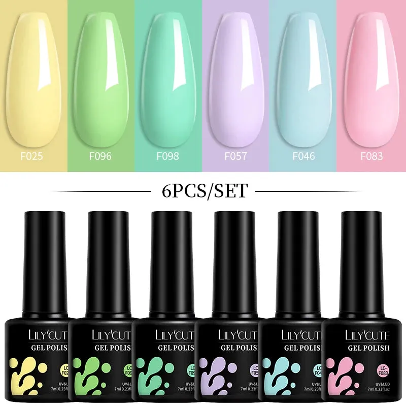 LILYCUTE 6PCs/SET Jelly Sea Glass Nail Gel Polish Set 7ML Sea Blue Jelly Gel Polish Semi-Transparent Soak Off UV LED Nail Gel