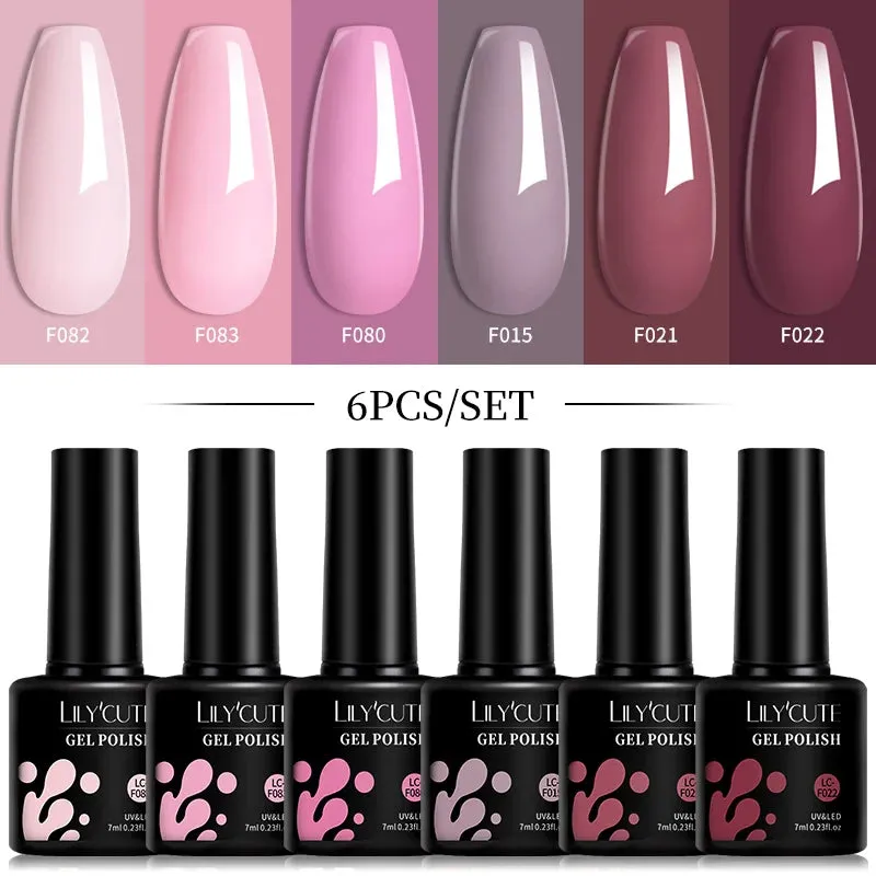 LILYCUTE 6PCs/SET Jelly Sea Glass Nail Gel Polish Set 7ML Sea Blue Jelly Gel Polish Semi-Transparent Soak Off UV LED Nail Gel