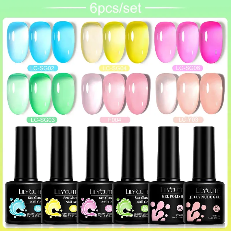LILYCUTE 6PCs/SET Jelly Sea Glass Nail Gel Polish Set 7ML Sea Blue Jelly Gel Polish Semi-Transparent Soak Off UV LED Nail Gel