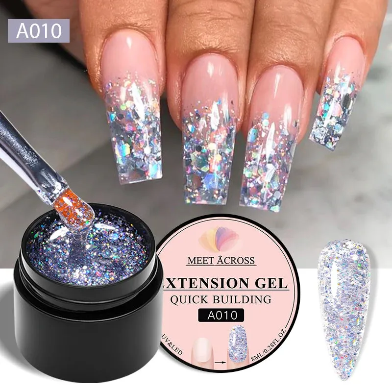 MEET ACROSS 8ml Glitter Extension Gel Nail Polish Nude Pink Gold Foils Effect Semi Permanent UV Gel Varnishes Nails Art Manicure