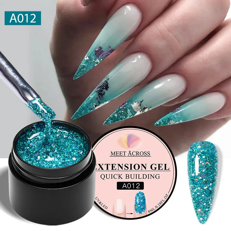 MEET ACROSS 8ml Glitter Extension Gel Nail Polish Nude Pink Gold Foils Effect Semi Permanent UV Gel Varnishes Nails Art Manicure