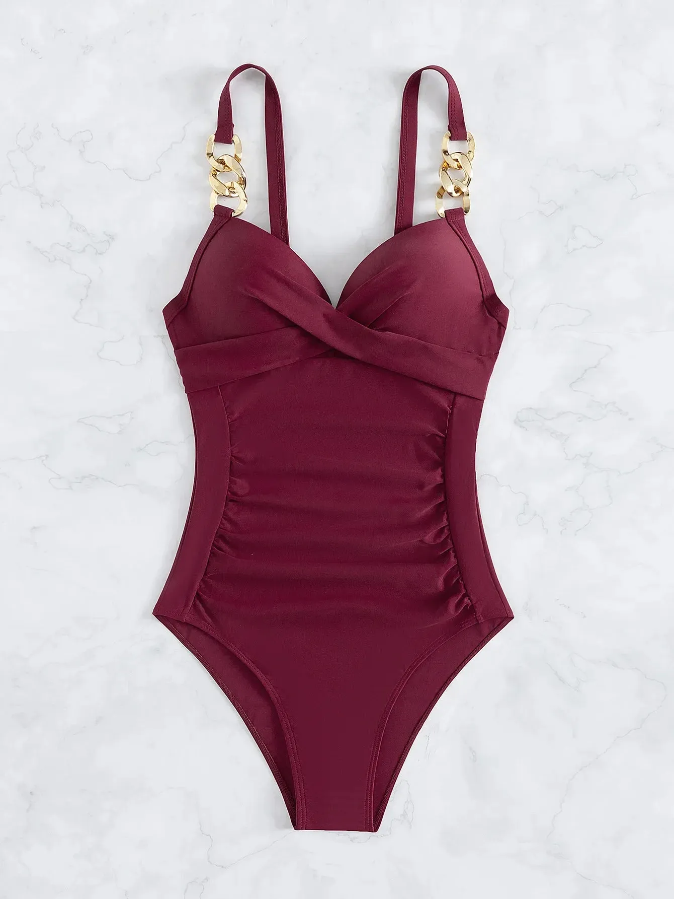 Sexy Chain Shoulder Thong Monokini Push Up Women Swimsuit One Piece Ruched Tummy Control Swimwear Female Bathing Suit 2024 Mujer