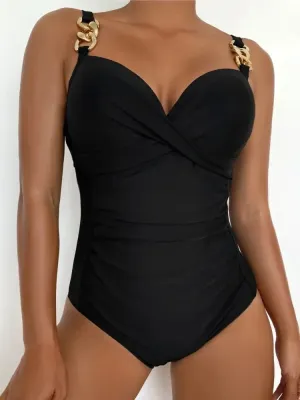 Sexy Chain Shoulder Thong Monokini Push Up Women Swimsuit One Piece Ruched Tummy Control Swimwear Female Bathing Suit 2024 Mujer