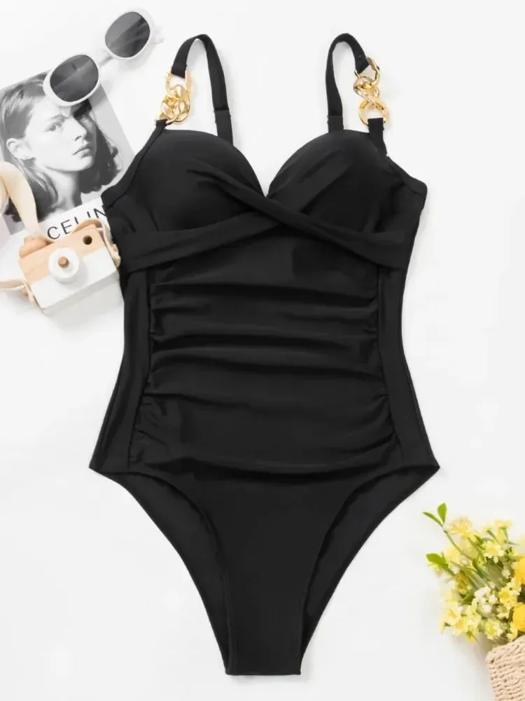 Sexy Chain Shoulder Thong Monokini Push Up Women Swimsuit One Piece Ruched Tummy Control Swimwear Female Bathing Suit 2024 Mujer