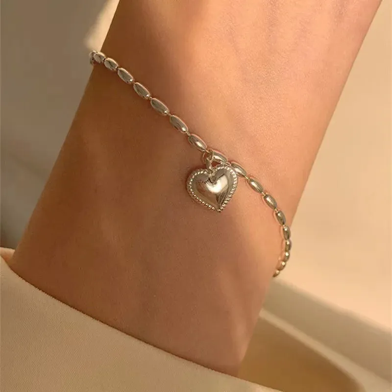 Simple Heart Pendant Bracelet Charming Beads Chain with Couple Heart Pendant Bracelets for Women Jewelry Gifts Wholesale