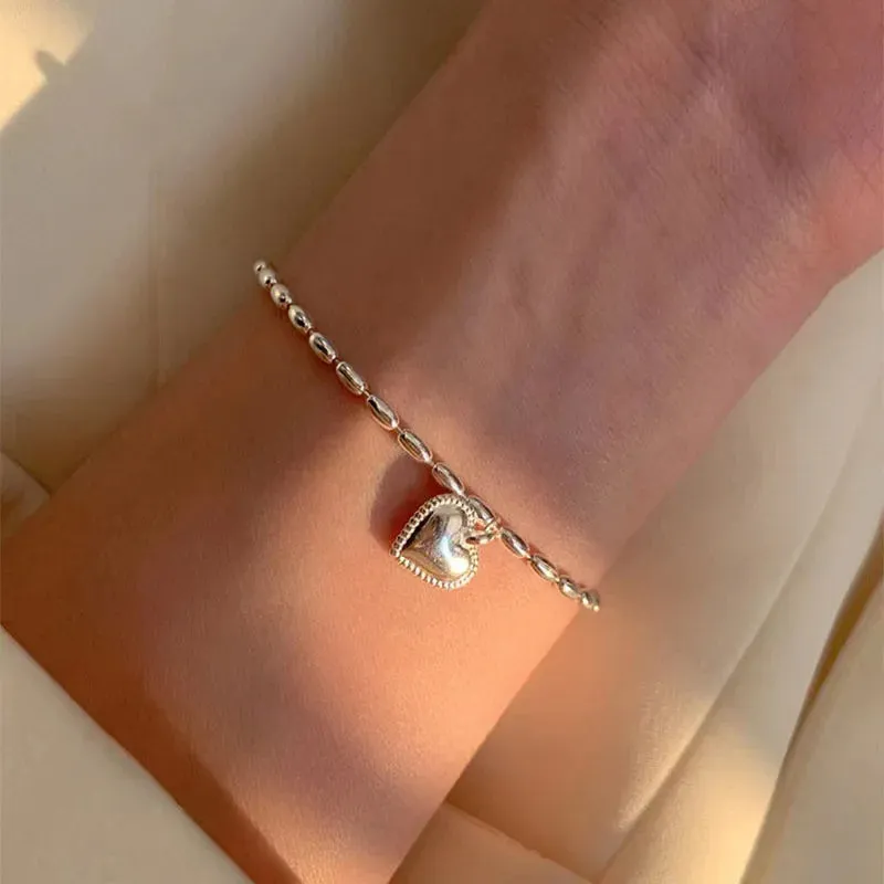 Simple Heart Pendant Bracelet Charming Beads Chain with Couple Heart Pendant Bracelets for Women Jewelry Gifts Wholesale