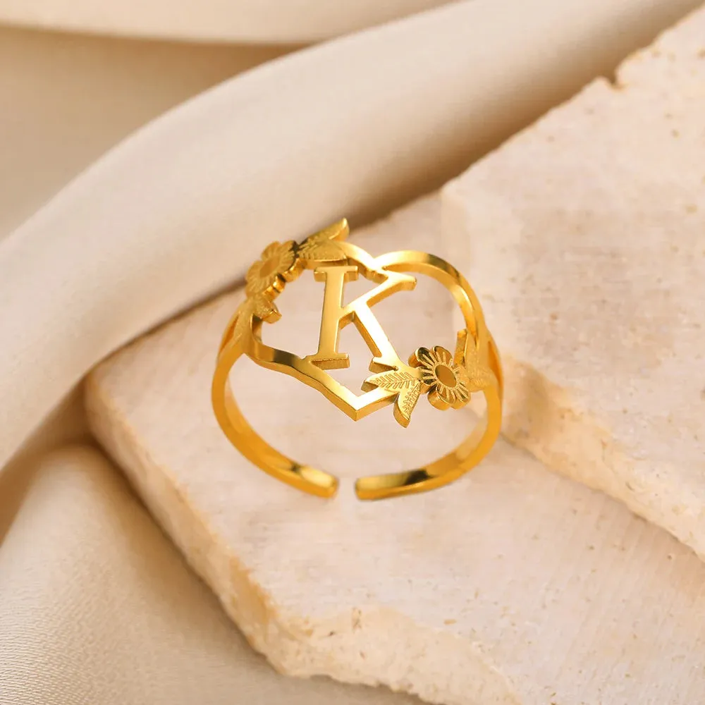 Stainless Steel Initials Flower Heart Rings Gold Color Adjustable Delicate Letter Leaf Rings For Women Girl Alphabet Jewelry