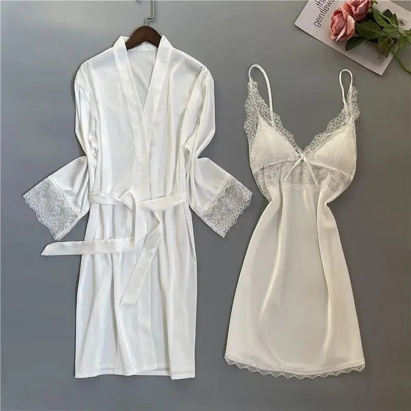 Summer New Twinset Robe Set Women Lace Kimono Bathrobe Gown Sexy Casual Satin Sleepwear Nightgown Flower Homewear Negligee