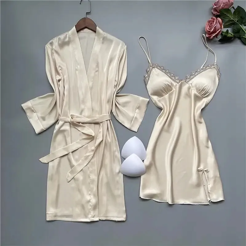 Summer New Twinset Robe Set Women Lace Kimono Bathrobe Gown Sexy Casual Satin Sleepwear Nightgown Flower Homewear Negligee