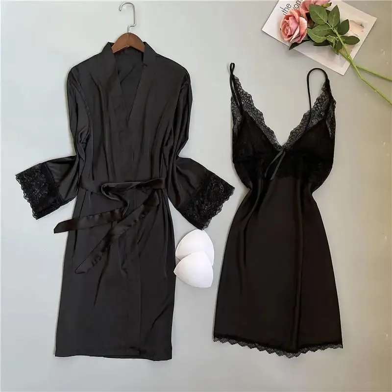 Summer New Twinset Robe Set Women Lace Kimono Bathrobe Gown Sexy Casual Satin Sleepwear Nightgown Flower Homewear Negligee